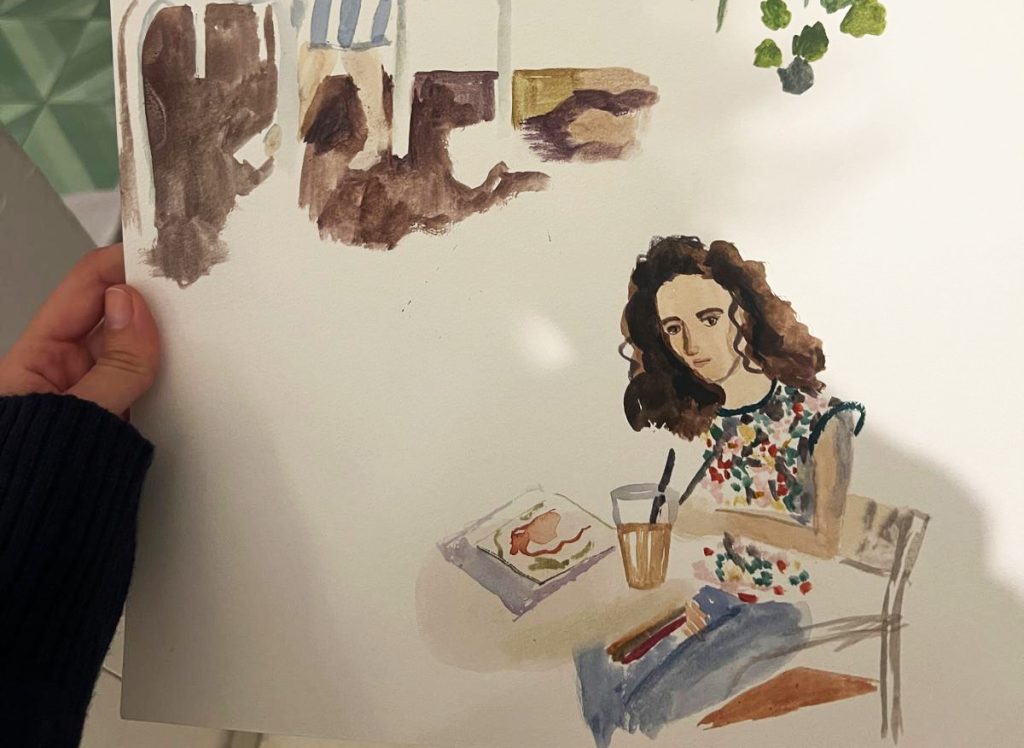 ציור של המאיירת גאי לולאי ספרן, מתוך תערוכת Coffee 2 Draw בקפה אחד העם