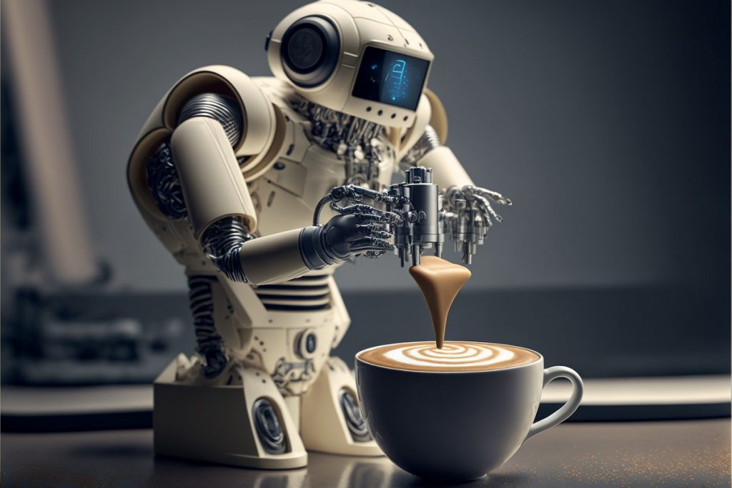 רובוט מכין כוס קפוצ'ינו. תמונת AI של Midjourney