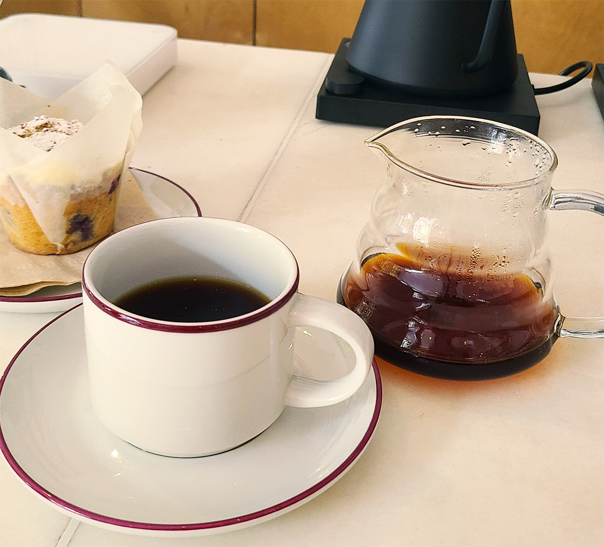 קפה פילטר ומאפין אוכמניות של עמיתה בייקרי. צילום: מגזין שותים