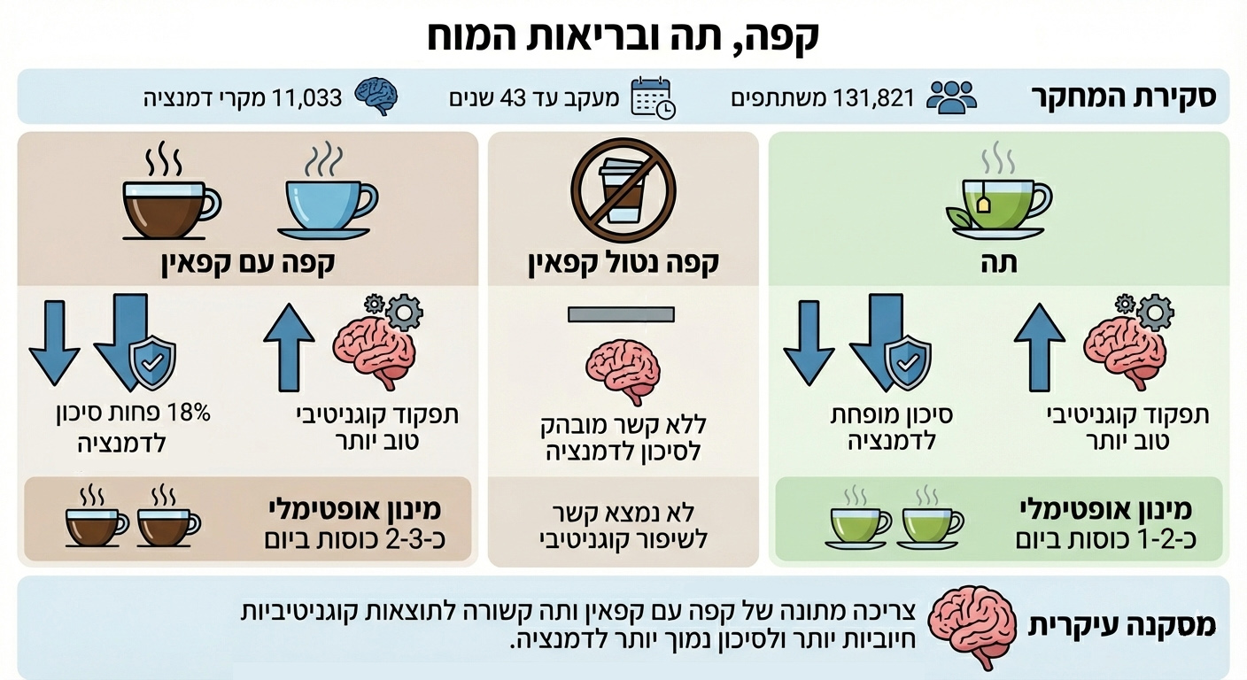 אינפוגרפיקה: מחקר שהראה קשר בין צריכת קפאין בקפה ותה לבין דמנציה