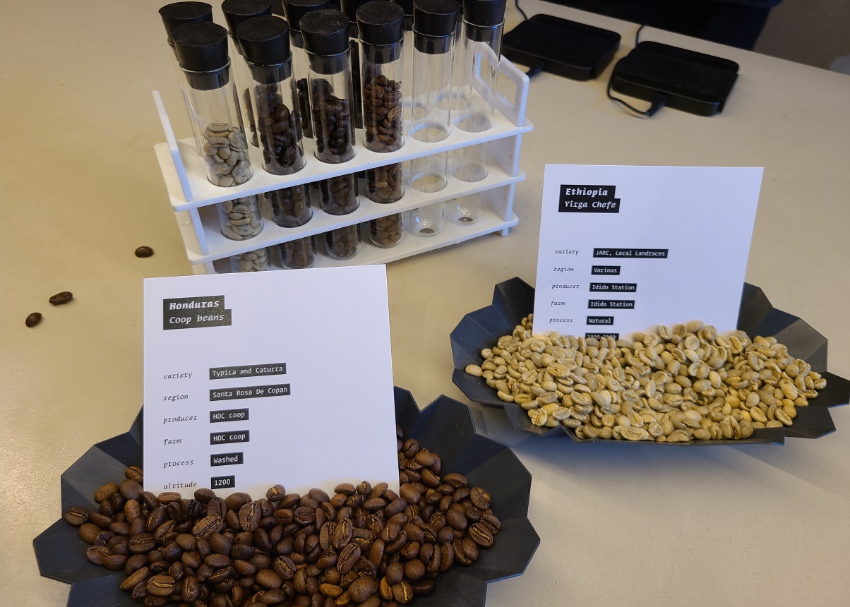 זני קפה שונים, ממקורות שונים, בדרגות קלייה שונות בסטודיו של קופי אורגניזיישן. צילום: מגזין שותים