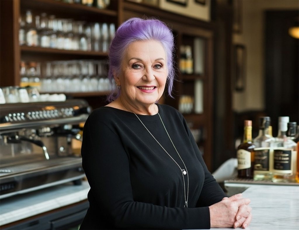 בריסטה עם שיער סגול שנראה כמו שטרודל אוכמניות בסגנון רשלני. אילוסטרציה