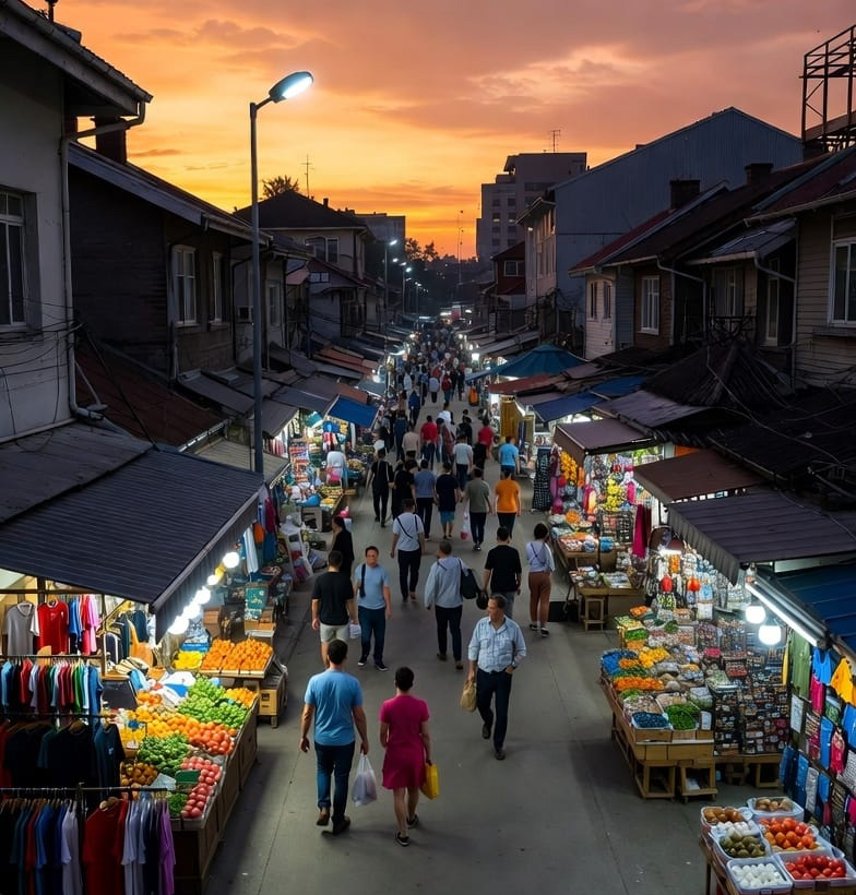 שוק לוינסקי ההומה, ממלכת פלורנטין מזרח, בשקיעה. אילוסטרציה