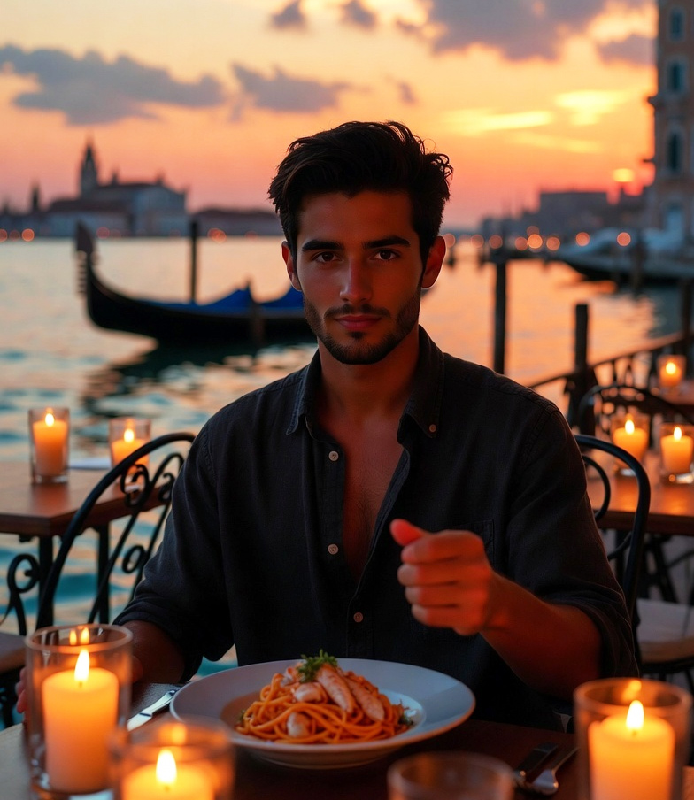 ונציה, נרות על השולחן, ריח של פסטה פירות ים מתערבב עם ריח התעלות. אילוסטרציה