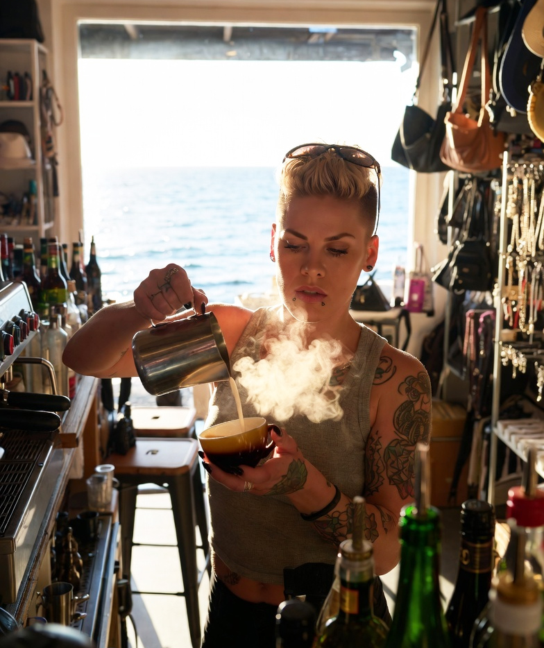 בר קטן עם ברמנית בלונדינית בגופייה וקעקועים - האם היא תמצא את הגומייה? אילוסטרציה