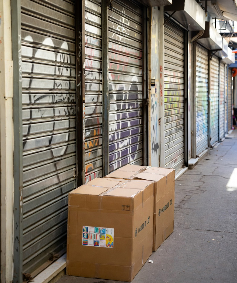 שני ארגזי קרטון חומים גדולים עם מדבקות צבעוניות מהיבואן שלנו. אילוסטרציה