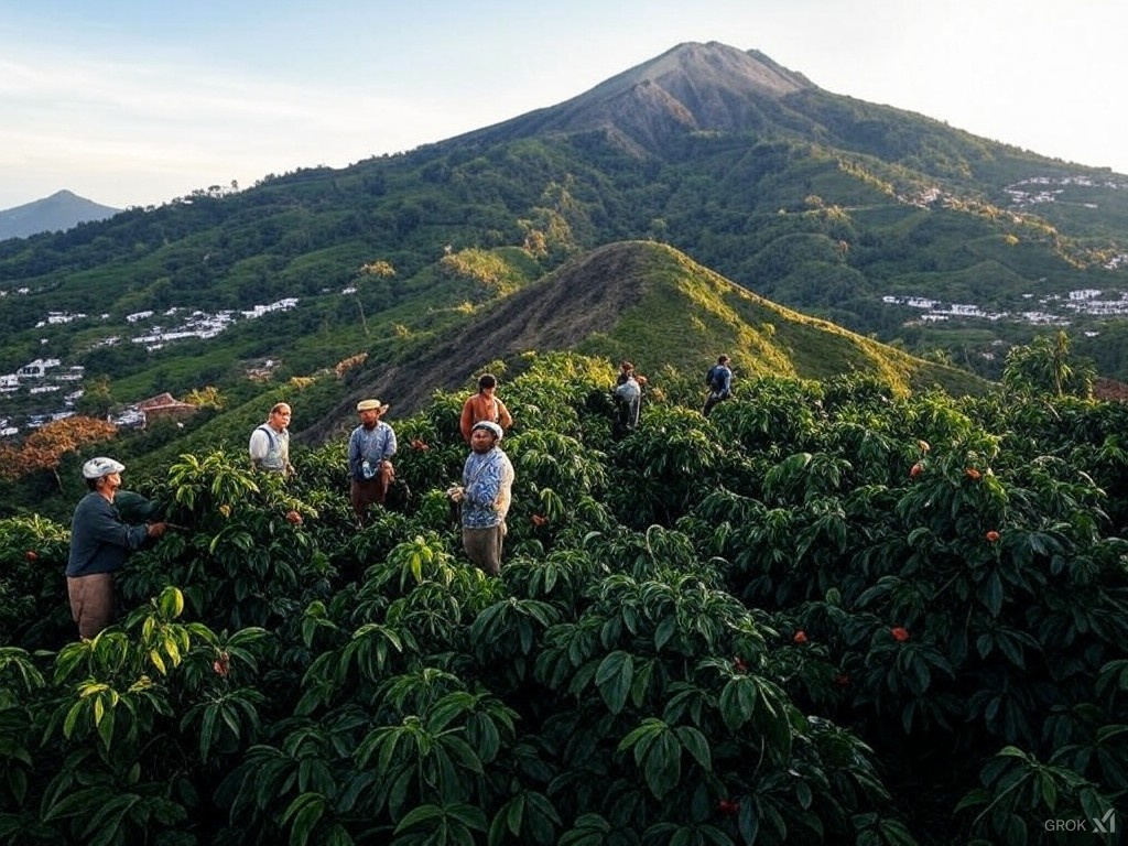 מטעי קפה בפסגות באזור הווילה בקולומביה. אילוסטרציה
