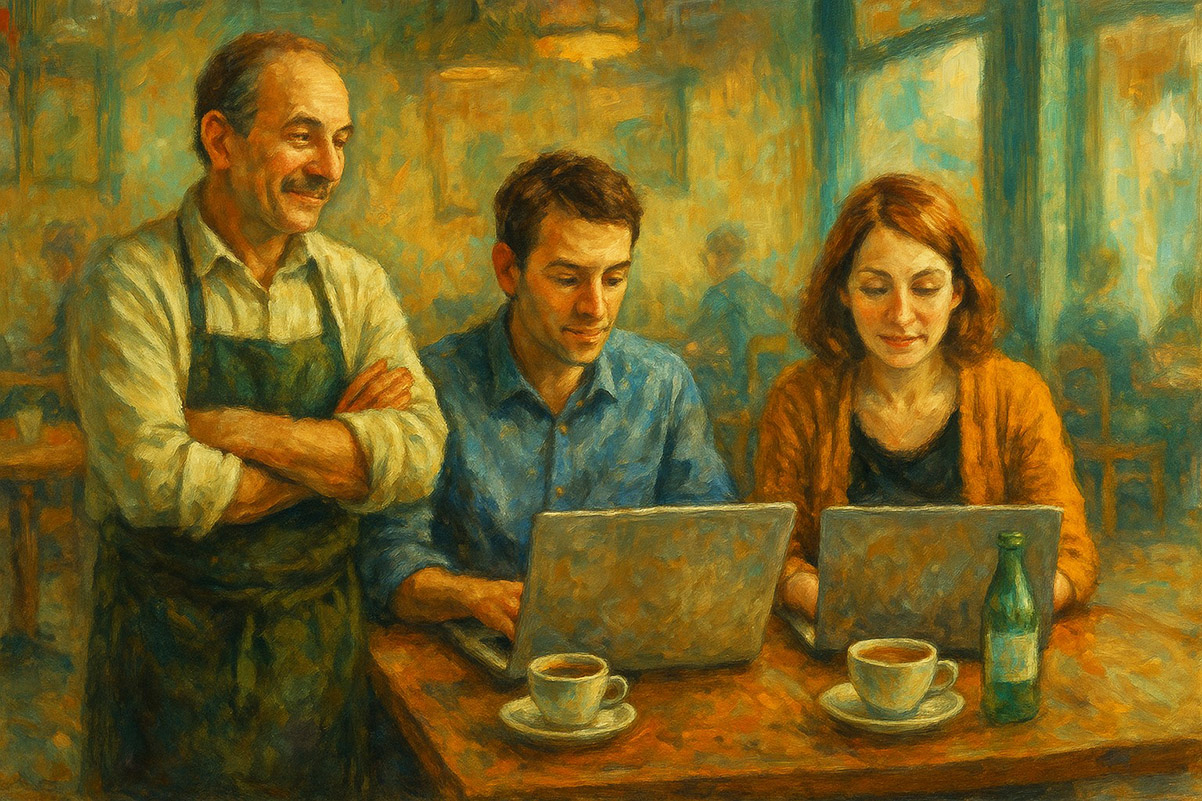 עובדים עם לפטופ בבית קפה