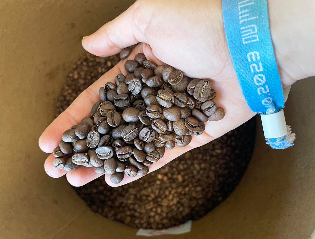 אופק מחייכת כשהיא שואפת את ניחוח הפולים שהרגע קלתה. צילום: שלי ביסטרי-כהן