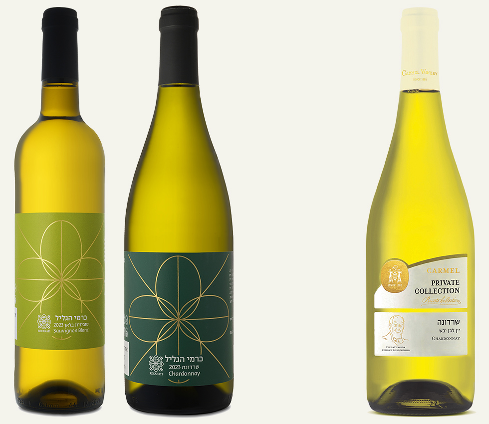 שרדונה של יקבי כרמל, שרדונה וסוביניון בלאן של רקנאטי. צילומים: איל קרן