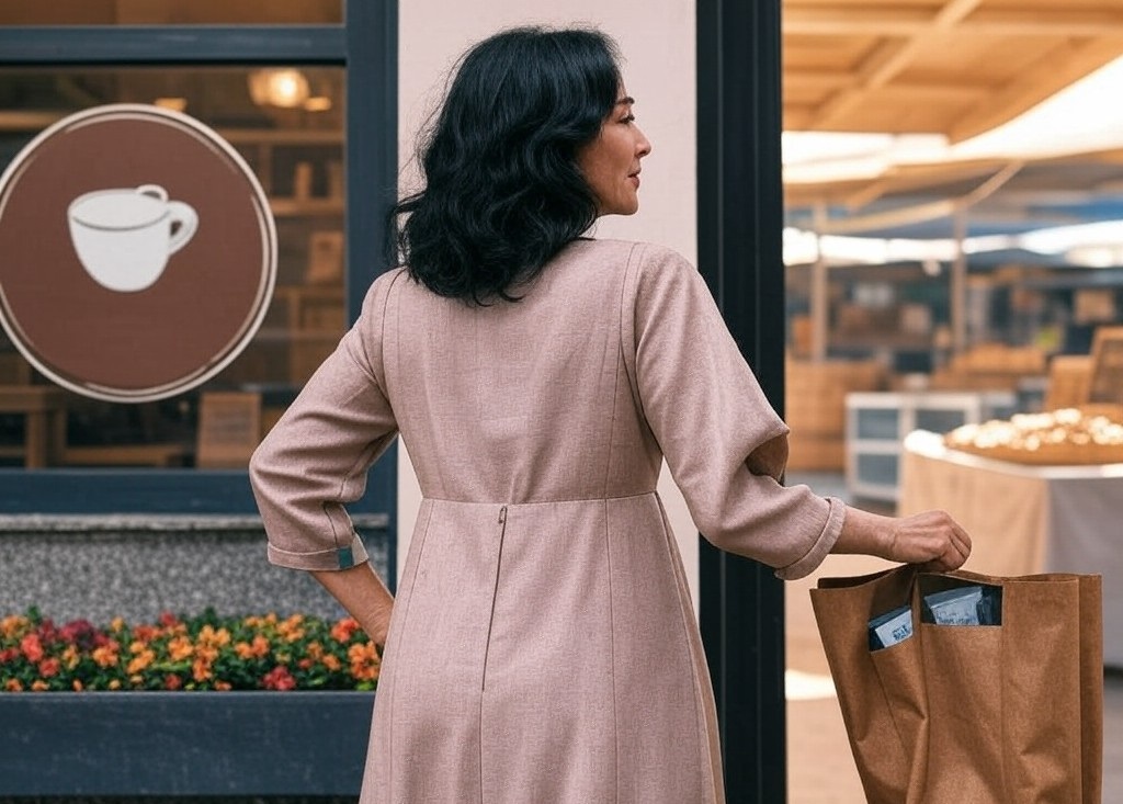 גבי בלולו יוצאת מהחנות עם התערובת שלה בקלייה כהה מאוד. צילום: GrokAI