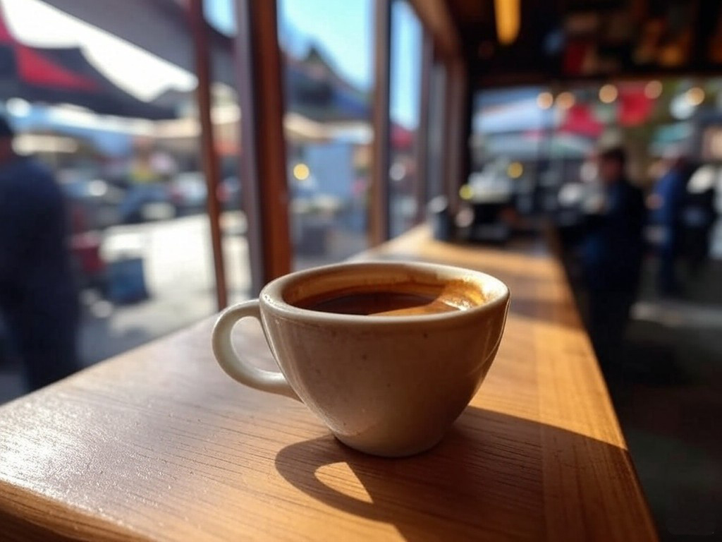 כוס אספרסו על הבר בחנות הקפה בשוק. אילוסטרציה