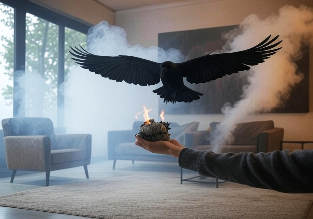 עורב שחור ענק נכנס לסלון דרך החלון שפונה לעצים של השדרה, אז הדלקתי מרווה. אילוסטרציה