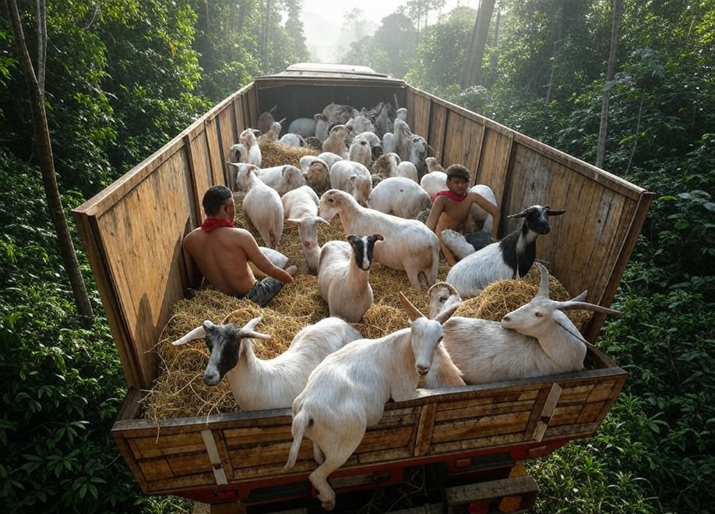 בין עזים מסריחות וחזירים - טרמפ בארגז של משאית בדרך למדיין. אילוסטרציה