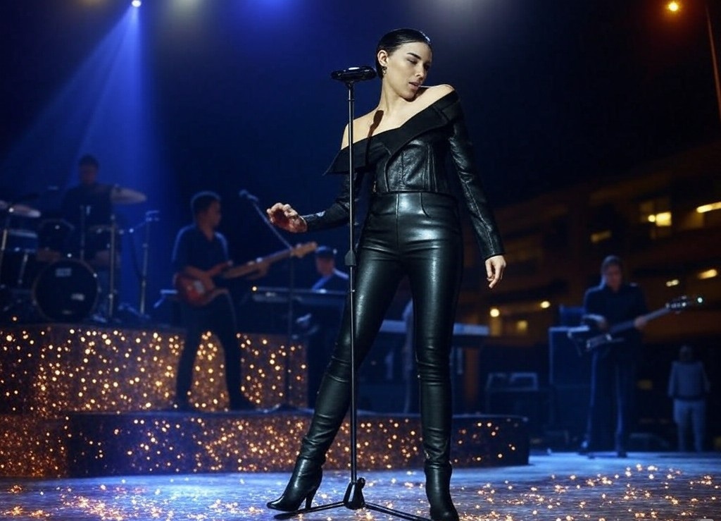 במכנסי עור וגופייה שחורה, רוקרית שינקינאית אסלית. עיבוד AI: איתי שקד