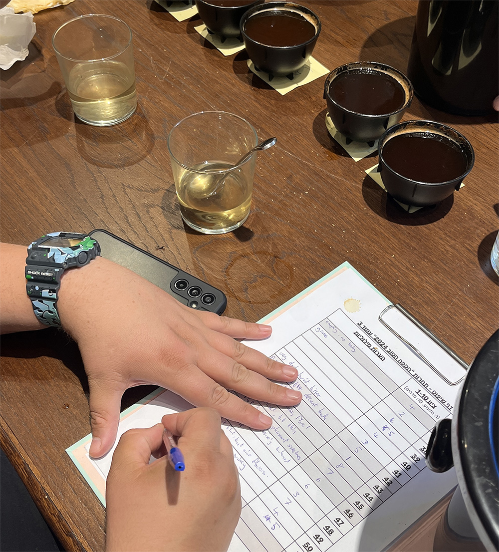 השופטים מדרגים את פולי הקפה ומציינים הערות על הטעם שלהם. צילום: דיקלה דנינו