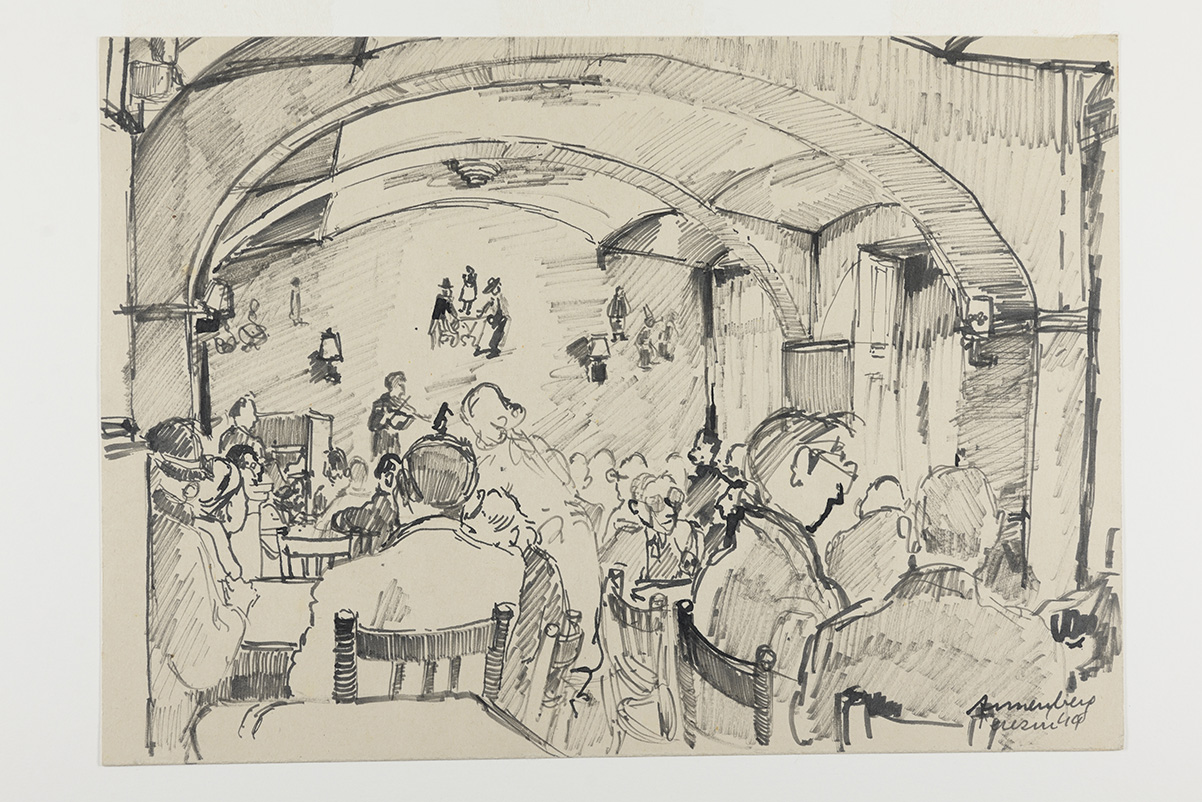 "קונצרט בבית קפה" 1944, איור מאת אדולף אוסנברג (באדיבות מוזיאון יד ושם)